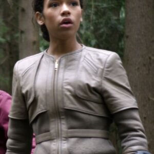 Taylor Russell Wearing Gray Jacket In Lost in Space