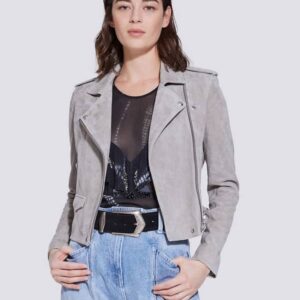 A beautiful lady wearing gray suede leather jacket
