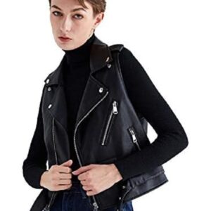 A Young Women / Ladies wearing Motorcycle Black Leather Vest