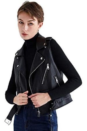 A Young Women / Ladies wearing Motorcycle Black Leather Vest