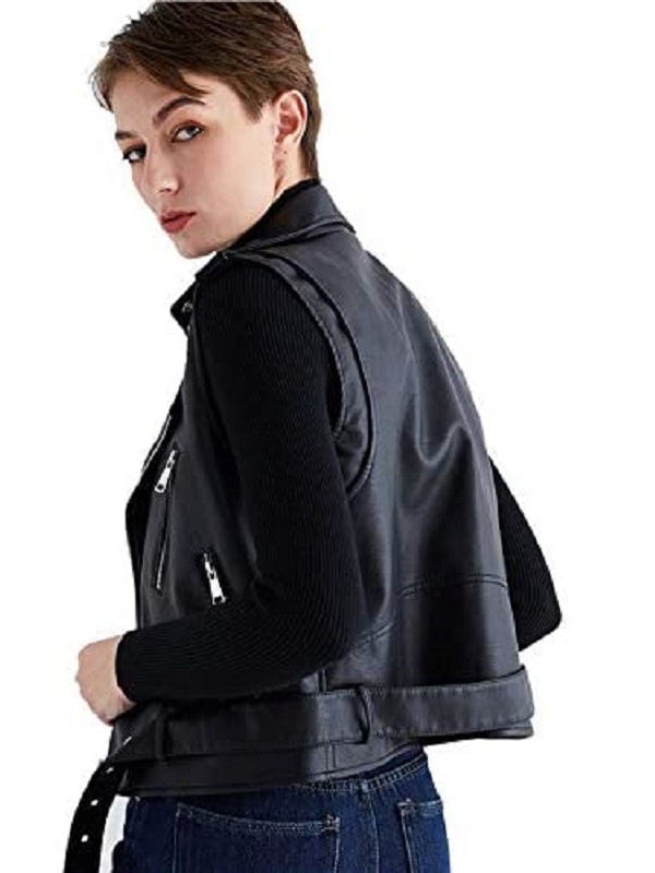 A Young Ladies wearing Motorcycle Black Leather Vest