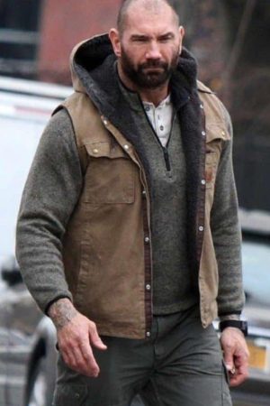 Dave Bautista Wearing Brown Hoodie Vest In Bushwick as Stupe
