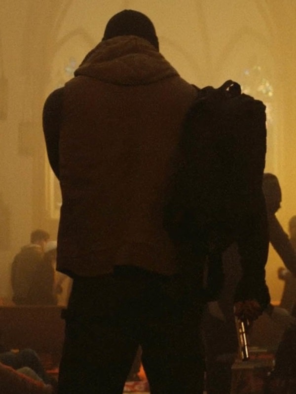 Dave Bautista Wearing Brown Hoodie Vest In Bushwick 2017 Film