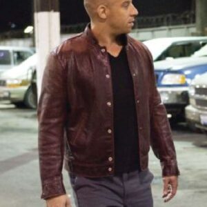 Actor Vin Diesel Wearing Maroon Leather Jacket In Fast & Furious Film as Dominic Toretto