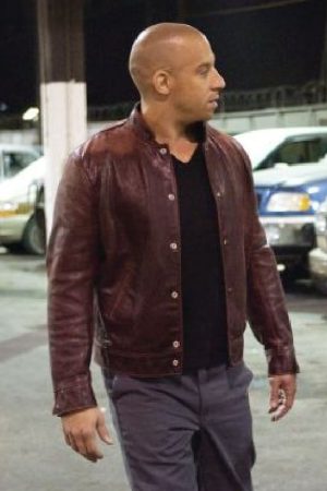 Actor Vin Diesel Wearing Maroon Leather Jacket In Fast & Furious Film as Dominic Toretto