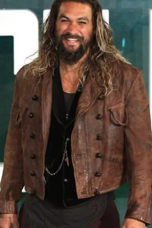 Jason Momoa Wearing Brown Leatehr Jacket In Justice League as Aquaman