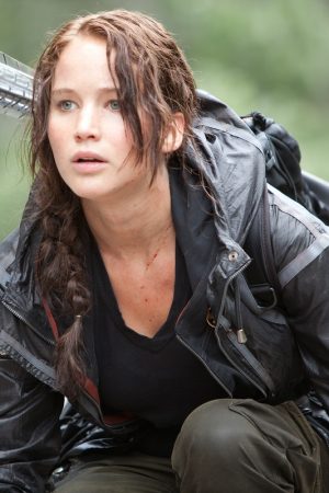 Jennifer Lawrence Wearing Black Hooded Jacket In The Hunger Games as Katniss Everdeen