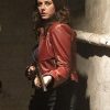 Kaya Scodelario Wearing Maroon Leather Jacket In Resident Evil: Welcome to Raccoon City as Claire Redfield