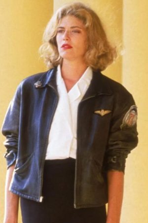 Movie Top Gun Actress Kelly McGillis Wearing Leather Jacket as Charlie