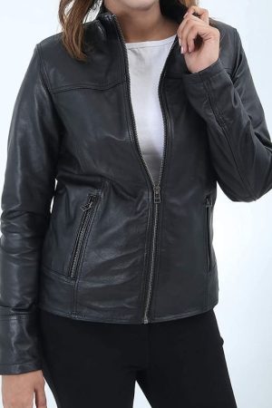 A Women Wearing Caferacer Leather Jacket