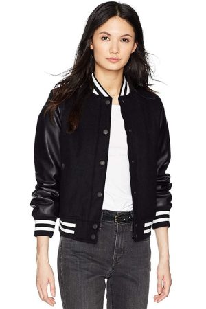 A Young Women Wearing Black Varsity Bomber Jacket