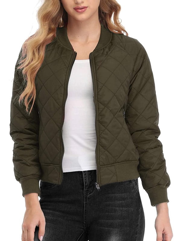 A Women Wearing Quilted Bomber Jacket