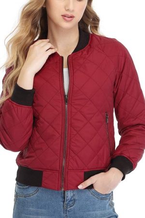 A Young Women Weraring Red Quilted Bomber Jacket
