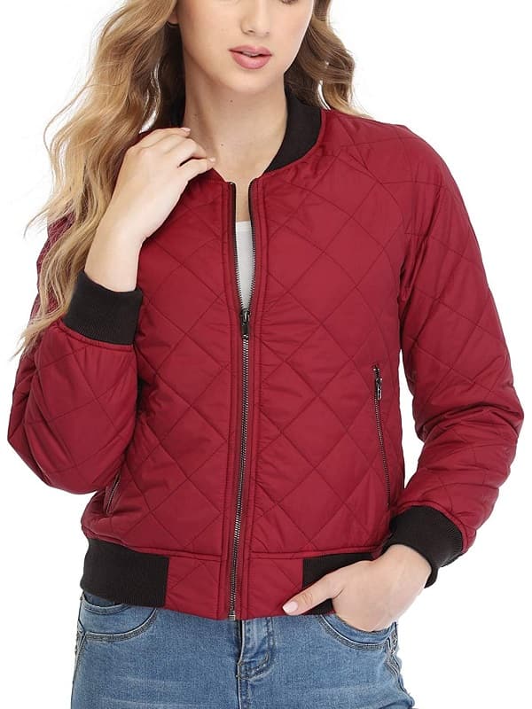 A Young Women Weraring Red Quilted Bomber Jacket