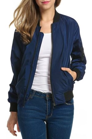 A Women wearing Lightweight Blue Varsity Bomber Jacket
