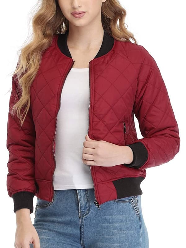 Women Weraring Red Quilted Bomber Jacket