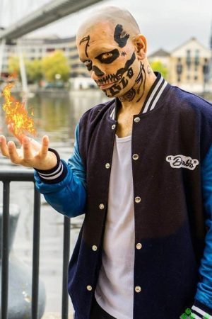 Film Suicide Squad Actor El Diablo Wearing Navy Blue Varsity Jacket