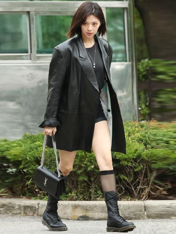 Singer Jeongyeon Wearing Black Leather Coat