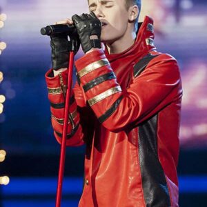 The X Factor U.K. Justin Bieber Wearing Red Leather Jacket