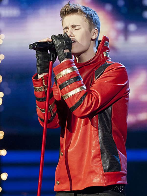 The X Factor U.K. Justin Bieber Wearing Red Leather Jacket