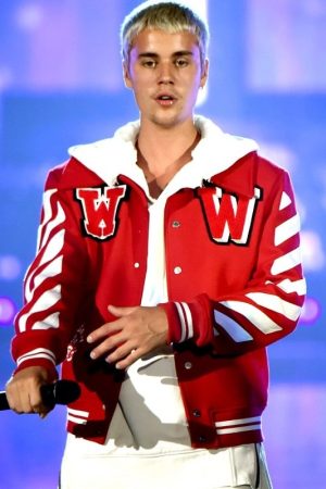 Singer Justin Bieber Wearing Letterman Word W Red Jacket