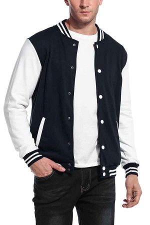 A Young Men Wearing Casual Slim Fit Varsity Jacket