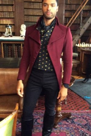Actor Rege Jean Page Wearing Maroon Coat In Bridgerton as Simon Basset