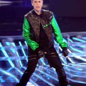 Justin Bieber Wearing Green Sleeves Black Leather Jacket
