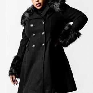 A Women Wearing Fur Collar Black Trench Coat