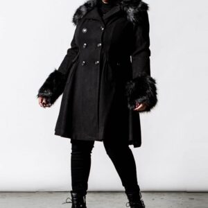 A Women Wearing Fur Collar Black Wool Coat