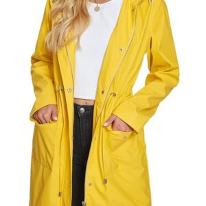 A Yung Women Wearing Yellow Waterproof Hooded Raincoat