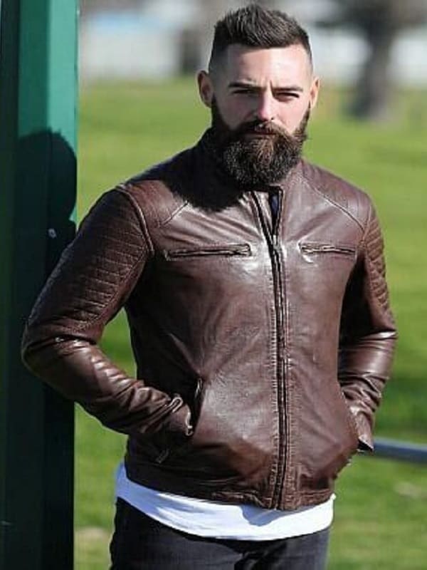 A Men Wearing Cafe Racer Brown Leather Jacket
