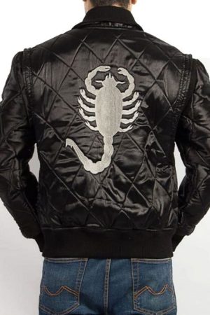 A Men Wearing Drive Scorpion Black Bomber Jacket with White Logo