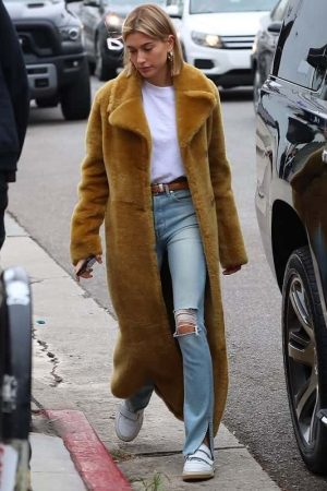 American Model Hailey Baldwin Wearing Soft Faux Fur Brown Coat