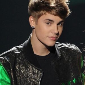 Singer Justin Bieber Wearing Green Sleeves Black Leather Jacket