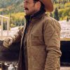 American actor Josh Lucas Wearing Brown Quilted Jacket In Yellowstone Young as John Dutton