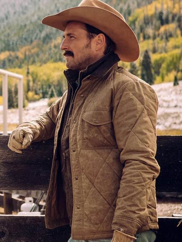American actor Josh Lucas Wearing Brown Quilted Jacket In Yellowstone Young as John Dutton