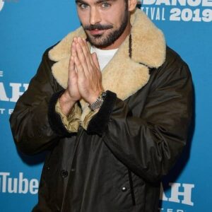 American Actor Zachary David Alexander Efron Wearing Deep Green Fur Collar Satin Jacket