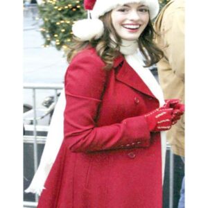 Anne Hathaway Wearing Red Wool Coat at Christmas