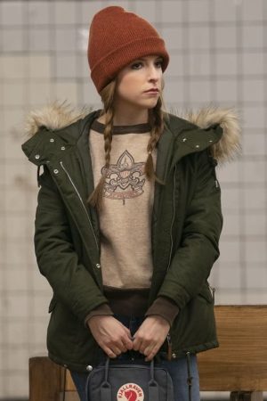 Actress Anna Kendrick Wearing Green Puffer Hooded Jacket In Love Life as Darby