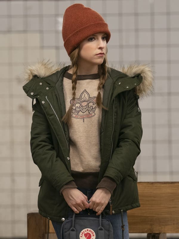 Actress Anna Kendrick Wearing Green Puffer Hooded Jacket In Love Life as Darby