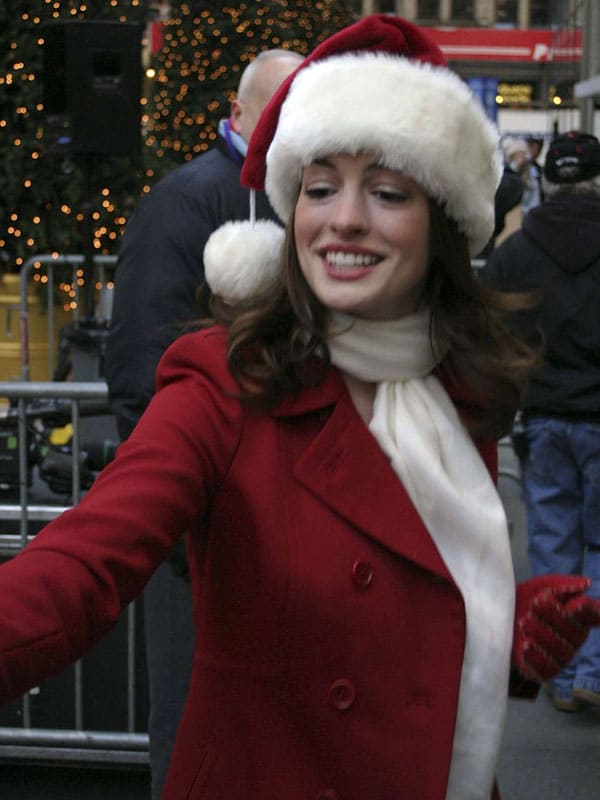 Actress Anne Hathaway Wearing Red Wool Coat at Christmas