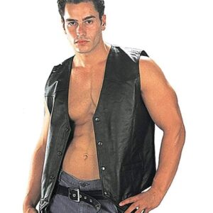 A Men Wearing Classic Black Leather Vest