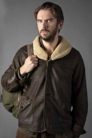 Dan Stevens Wearing Brown Leather Jacket In Solos as Otto