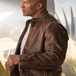 Actor Dwayne Johnson Wearing Brown Leather Jacket In Rampage as Davis Okoye