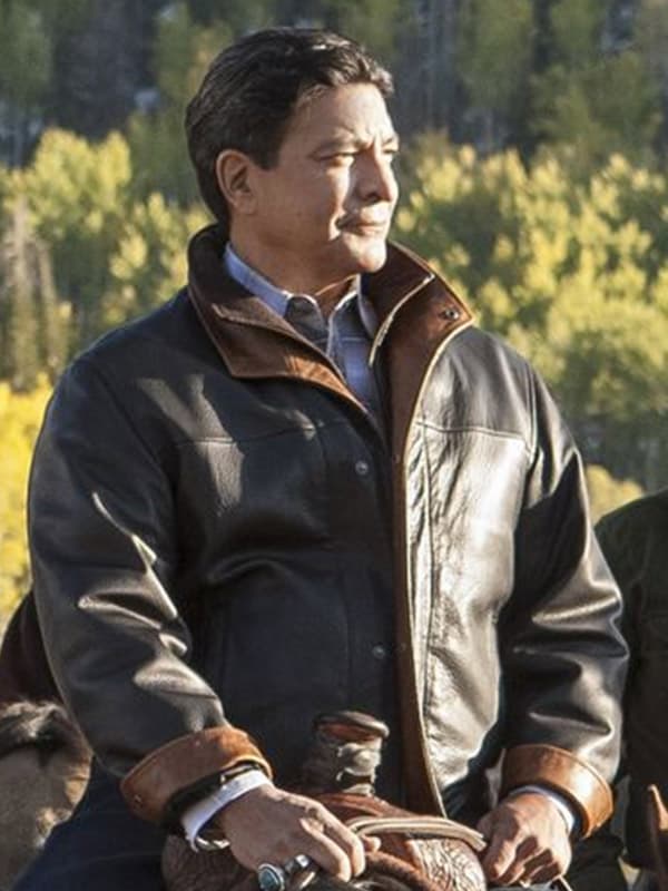 Actor Gil Birmingham Wearing Leather Jacket In Yellowstone as Thomas Rainwater