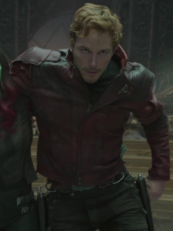 Chris Pratt Wearing Maroon Leather Jacket In Film Guardians of the Galaxy Vol. 2
