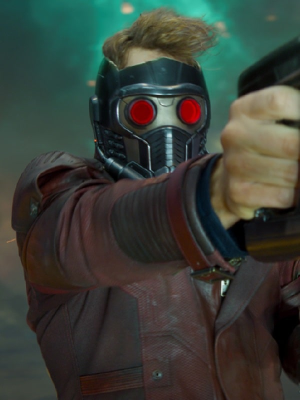 Actor Chris Pratt Wearing Maroon Leather Jacket In Film Guardians of the Galaxy Vol. 2