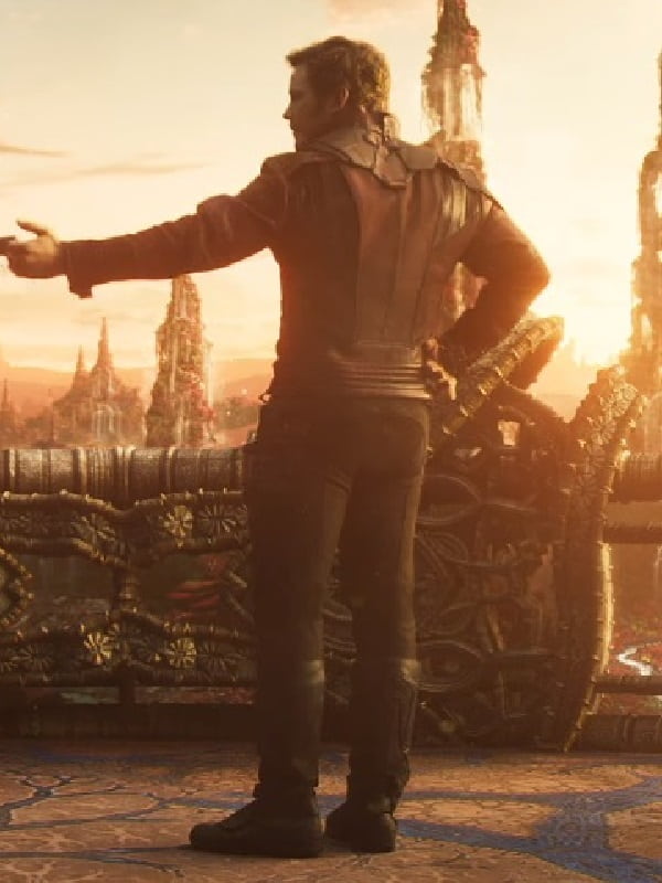 Actor Chris Pratt Wearing Maroon Jacket In Film Guardians of the Galaxy Vol. 2