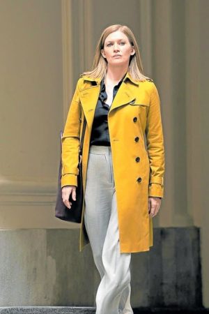 Mireille Enos Wearing Double Breasted Yellow Coat In Hanna as Marissa